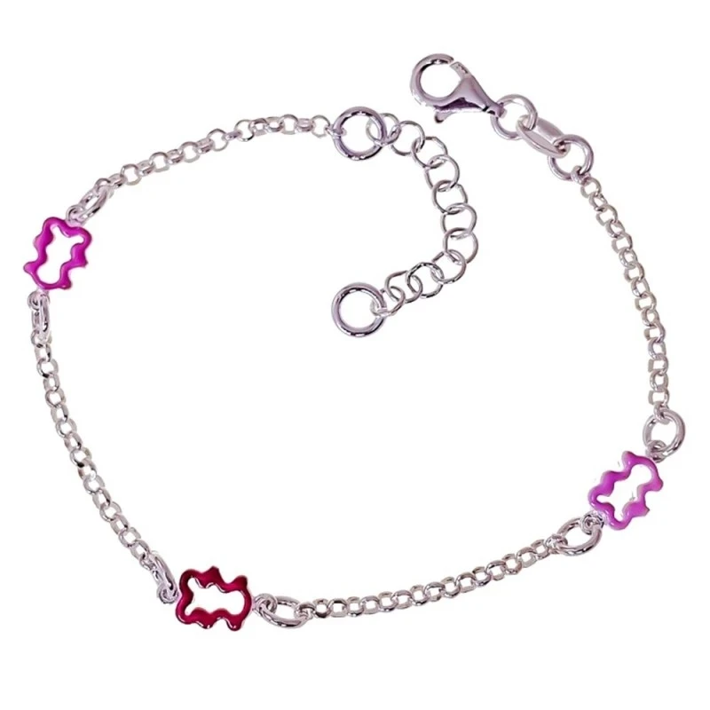 Pulsera Plata Ley 925m niña 16 cm. cadena rolo osos calados esmaltado