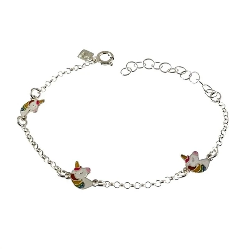Pulsera Plata Ley 925m niña 13 cm. cadena rolo detalle unicornios esm