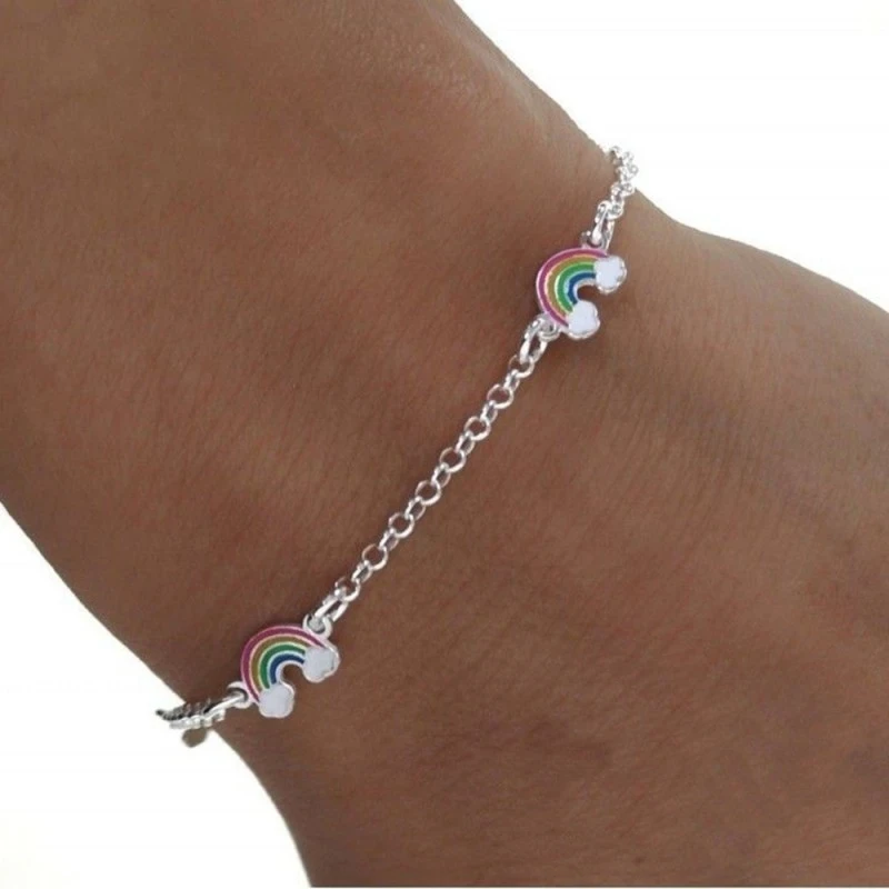 Pulsera Plata Ley 925m niña 13 cm. cadena rolo detalle arcoiris esmal