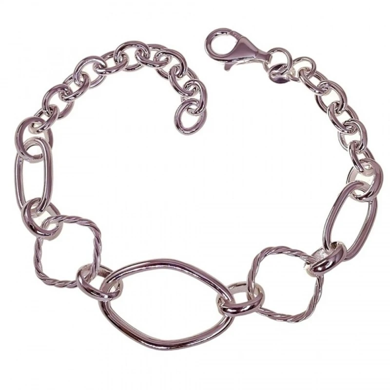 Pulsera Plata Ley 925m mujer 19 cm. eslabones huecos combinados lisos