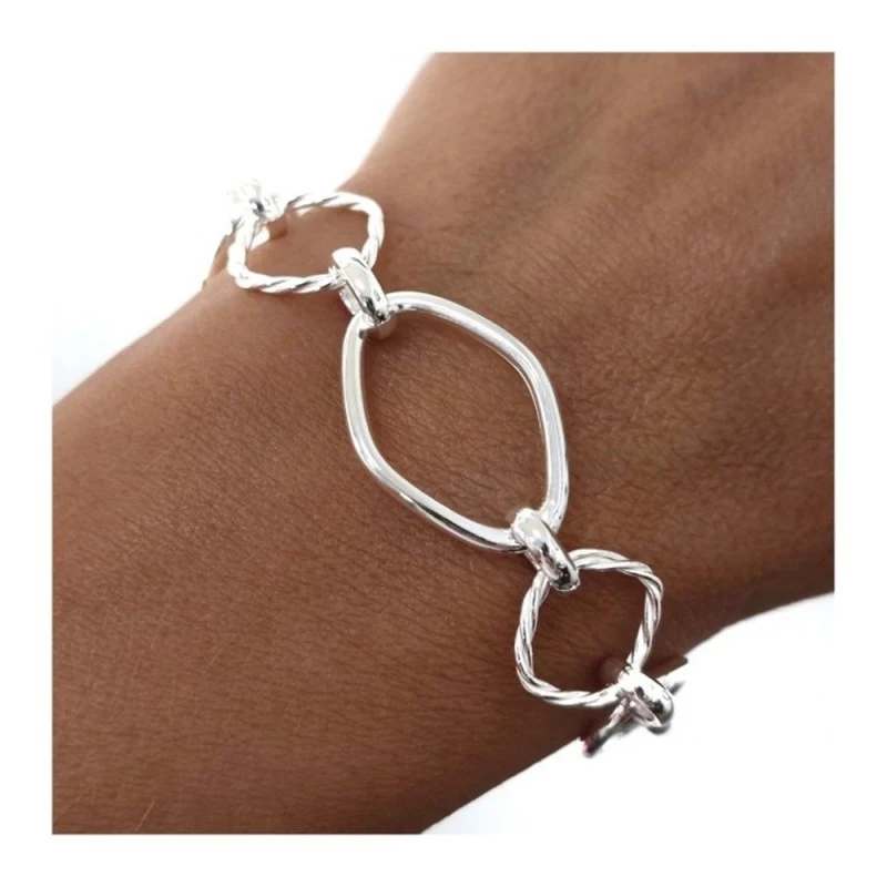 Pulsera Plata Ley 925m mujer 19 cm. eslabones huecos 16 mm. combinado