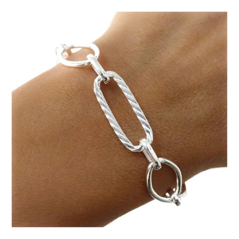 Pulsera Plata Ley 925m mujer 17.5 cm. eslabones huecos 23 mm detalles
