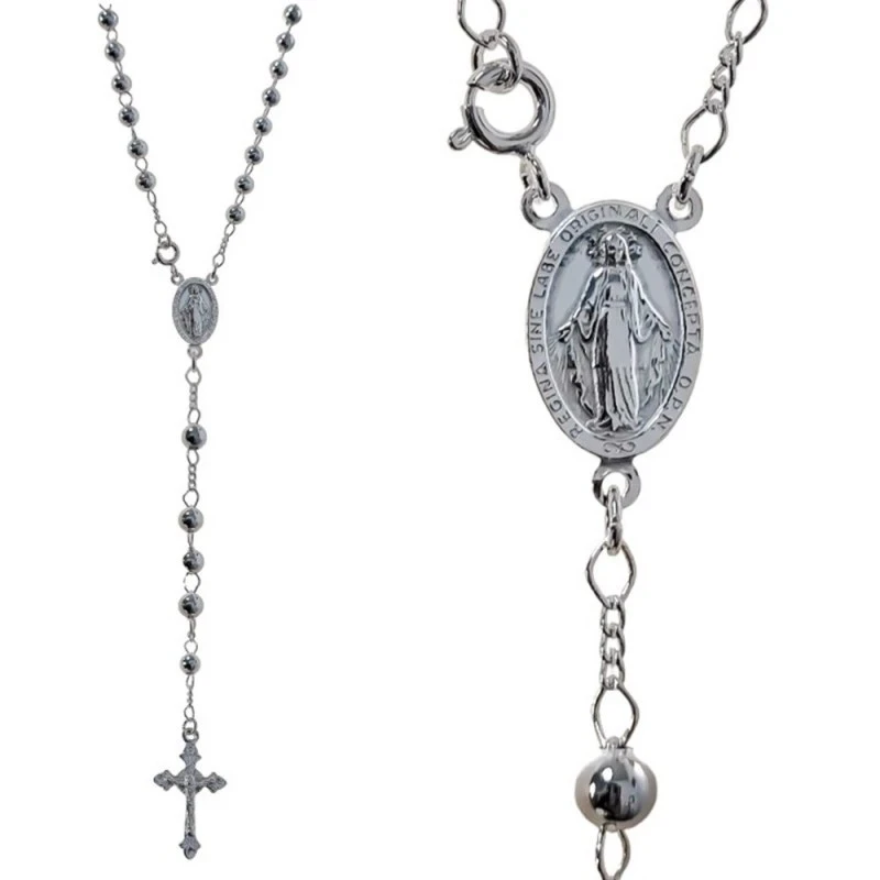 Virgen Milagrosa Rosario Plata Ley 925m unisex 51 cm. detalle medalla
