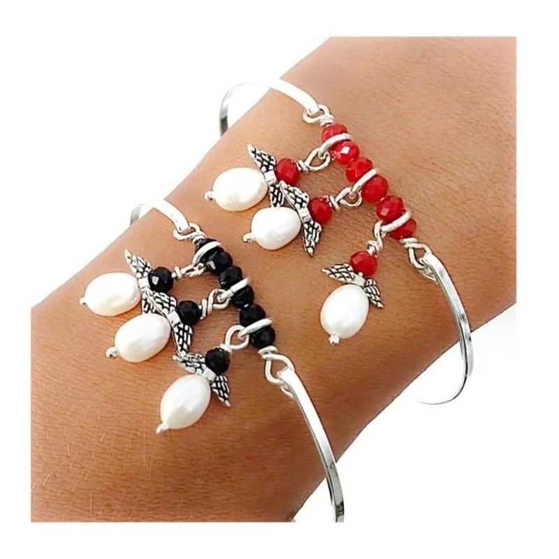 Pulsera Rígida Plata Ley 925m mujer tres ángeles colgantes combinados