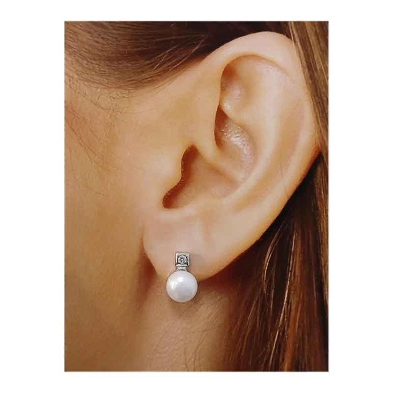 Pendientes Plata Ley 925m mujer perlas botón 9 mm. combinadas cuadrad