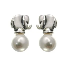 Pendientes Plata Ley 925m mujer perla redonda 10 mm. detalle elefante