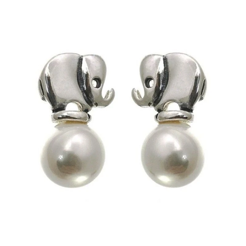 Pendientes Plata Ley 925m mujer perla redonda 10 mm. detalle elefante