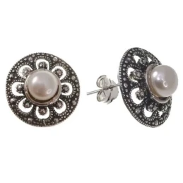 Pendientes Plata Ley 925m mujer oxidados perla forma botón