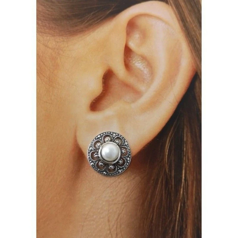 Pendientes Plata Ley 925m mujer oxidados perla forma botón