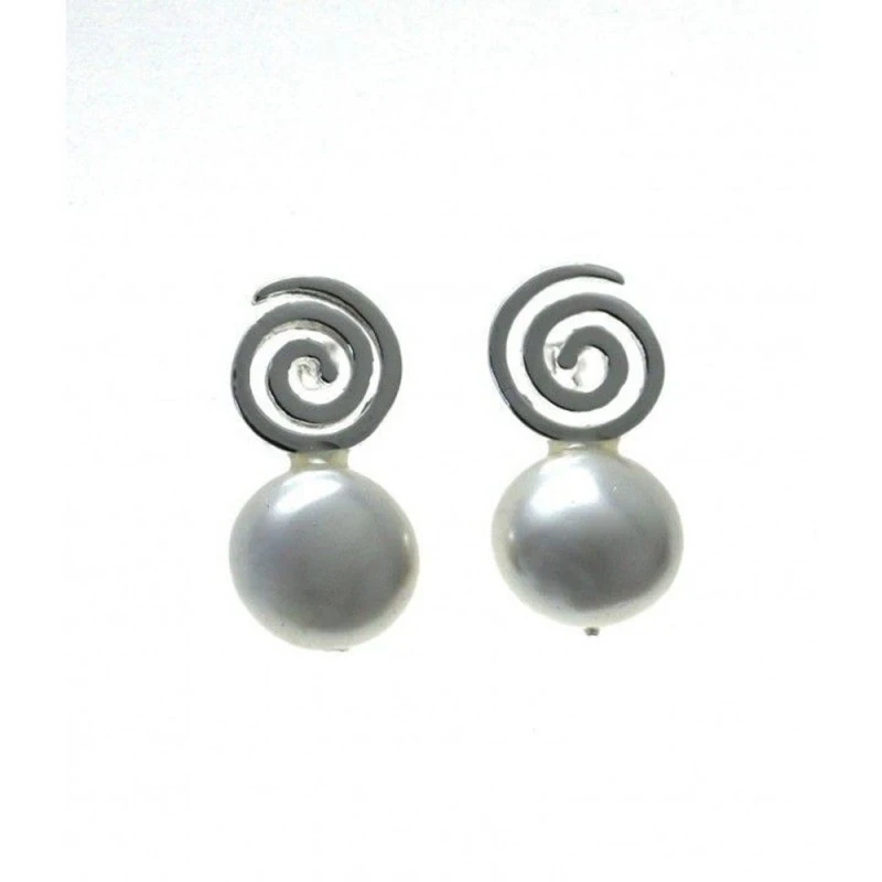 Pendientes Plata Ley 925m mujer perla detalle superior espiral
