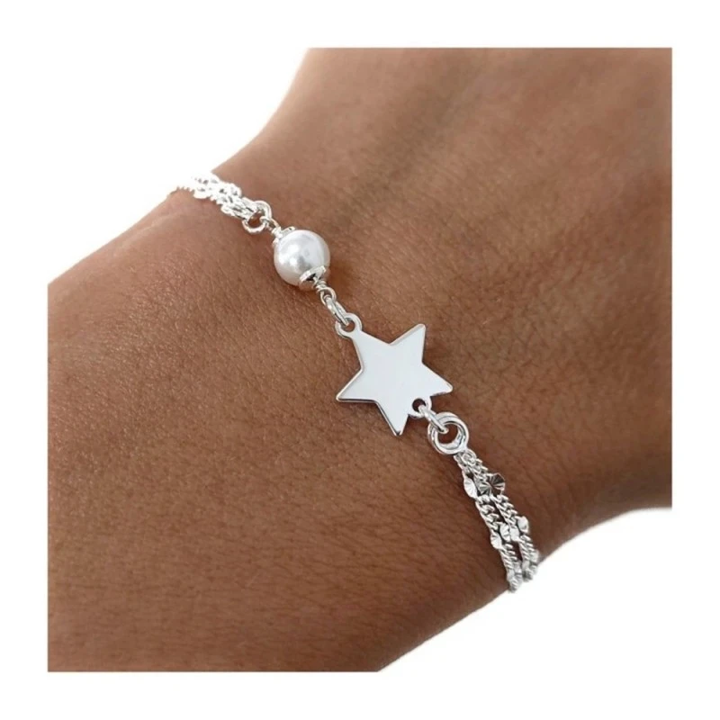 Pulsera Plata Ley 925m mujer 17 cm. doble cadena estrella 10 mm. comb