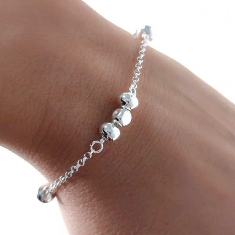 Pulsera Plata Ley 925m mujer 16.5 cm. cadena rolo combinada bolas lis