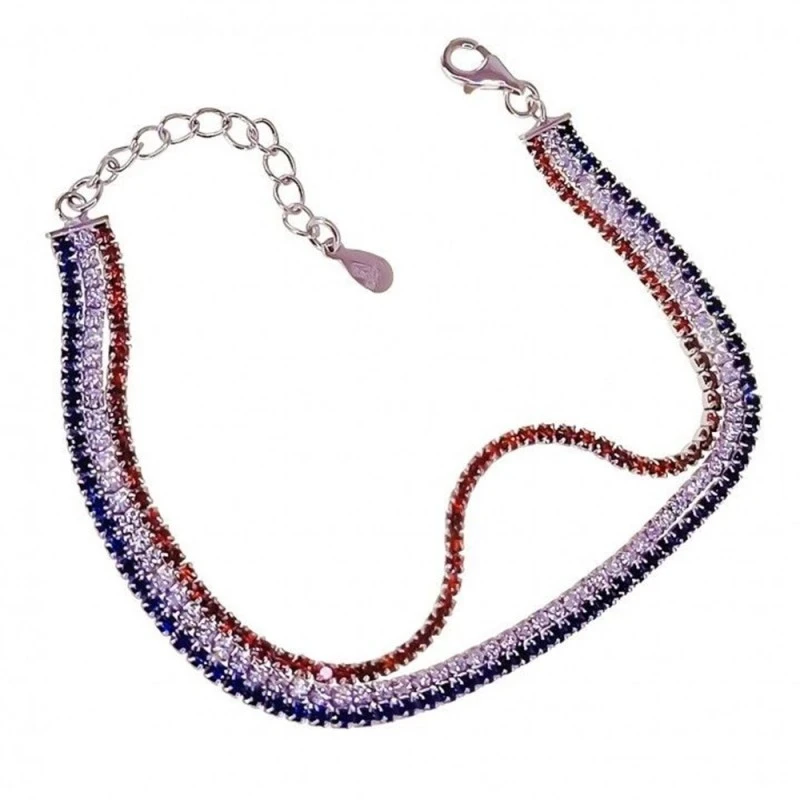 Pulsera Plata Ley 925m mujer 16 cm. triple cadena circonitas colores