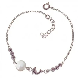 Pulsera Plata Ley 925m mujer 17.5 cm. cadena forzada perla 7 mm. delf