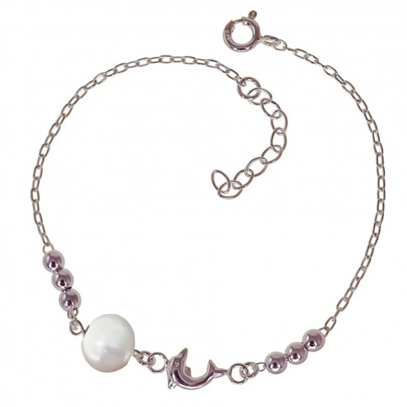 Pulsera Plata Ley 925m mujer 17.5 cm. cadena forzada perla 7 mm. delf