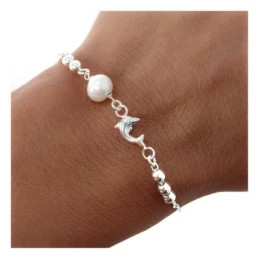 Pulsera Plata Ley 925m mujer 17.5 cm. cadena forzada perla 7 mm. delf