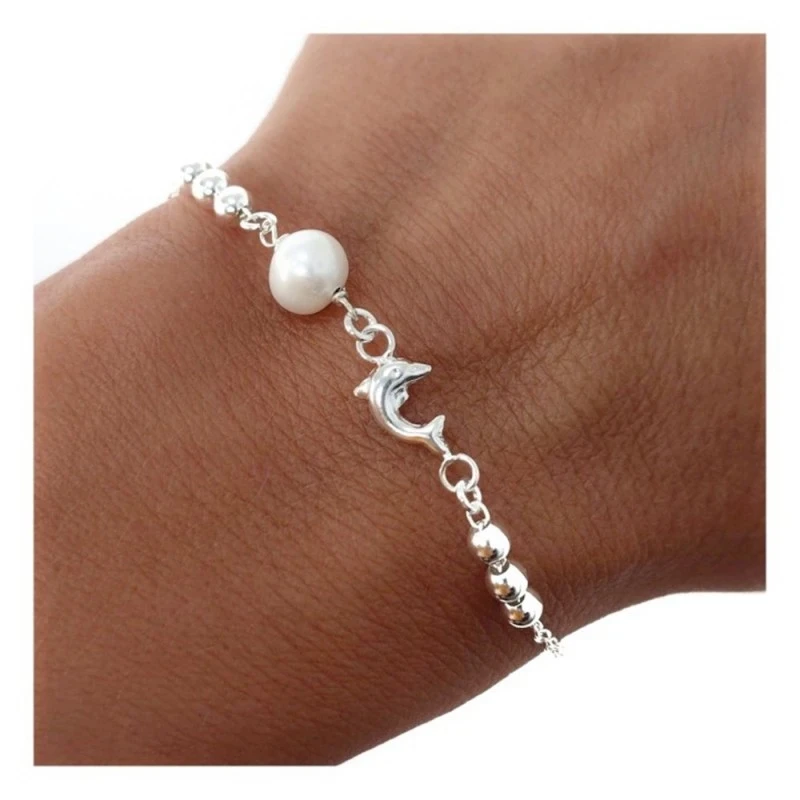 Pulsera Plata Ley 925m mujer 17.5 cm. cadena forzada perla 7 mm. delf
