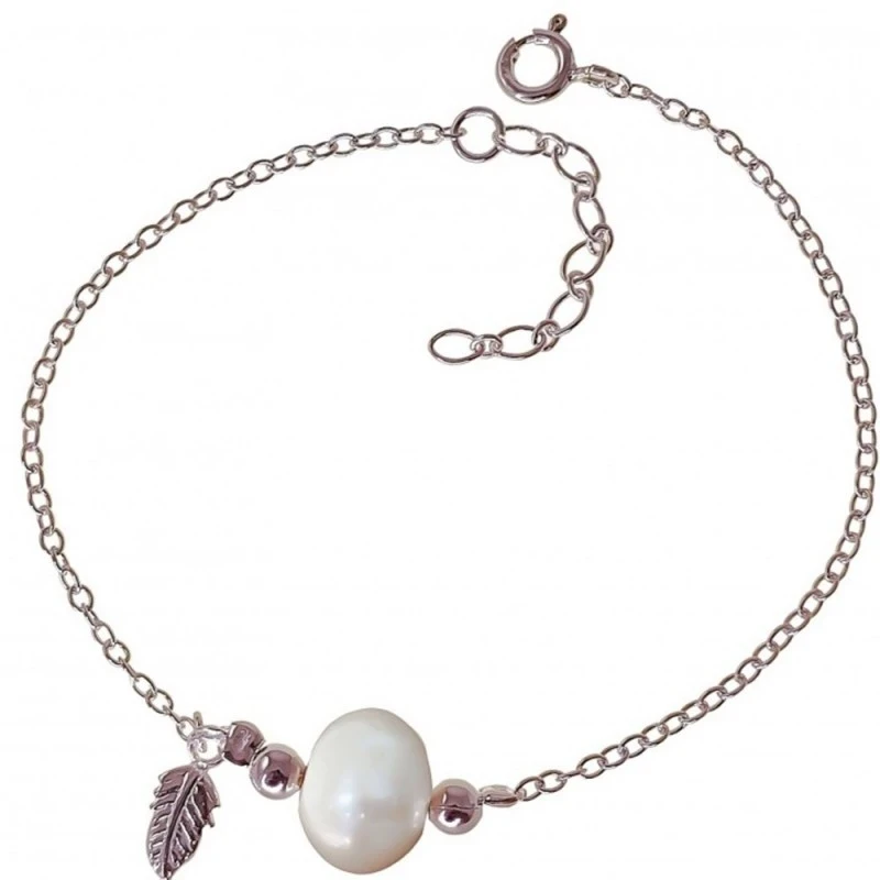 Pulsera Plata Ley 925m mujer 18 cm. cadena forzada perla 11 mm. pluma