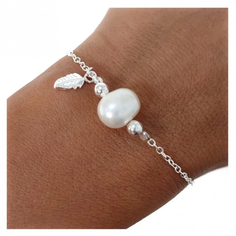 Pulsera Plata Ley 925m mujer 18 cm. cadena forzada perla 11 mm. pluma