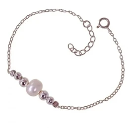 Pulsera Plata Ley 925m mujer 17 cm. cadena forzada perla 8.5 cm. bola