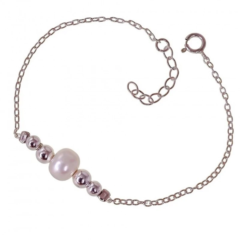 Pulsera Plata Ley 925m mujer 17 cm. cadena forzada perla 8.5 cm. bola