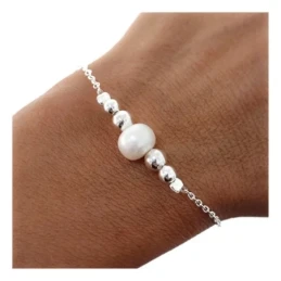 Pulsera Plata Ley 925m mujer 17 cm. cadena forzada perla 8.5 cm. bola