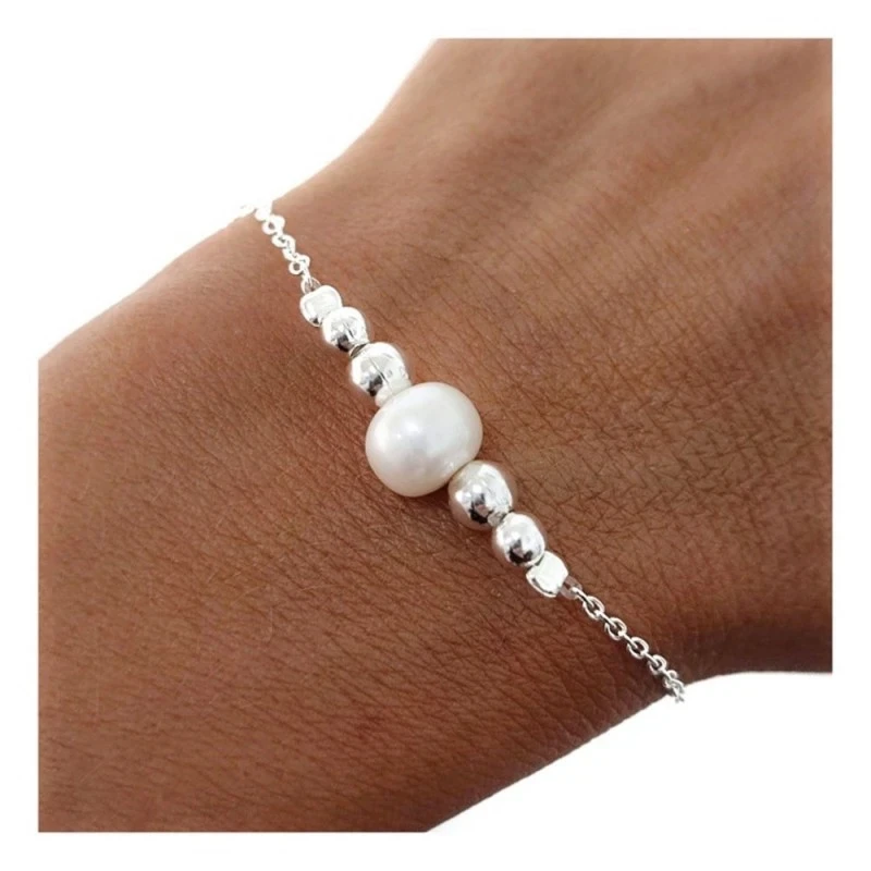 Pulsera Plata Ley 925m mujer 17 cm. cadena forzada perla 8.5 cm. bola