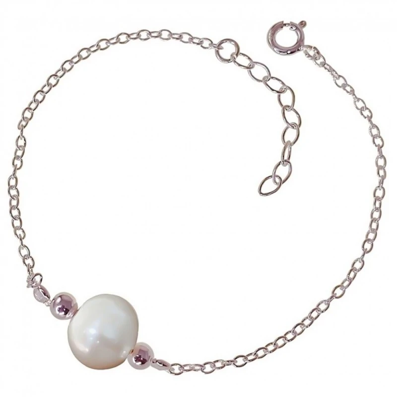 Pulsera Plata Ley 925m mujer 18 cm. cadena forzada perla 10 mm. bolas