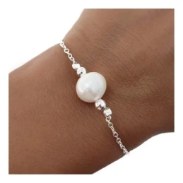 Pulsera Plata Ley 925m mujer 18 cm. cadena forzada perla 10 mm. bolas