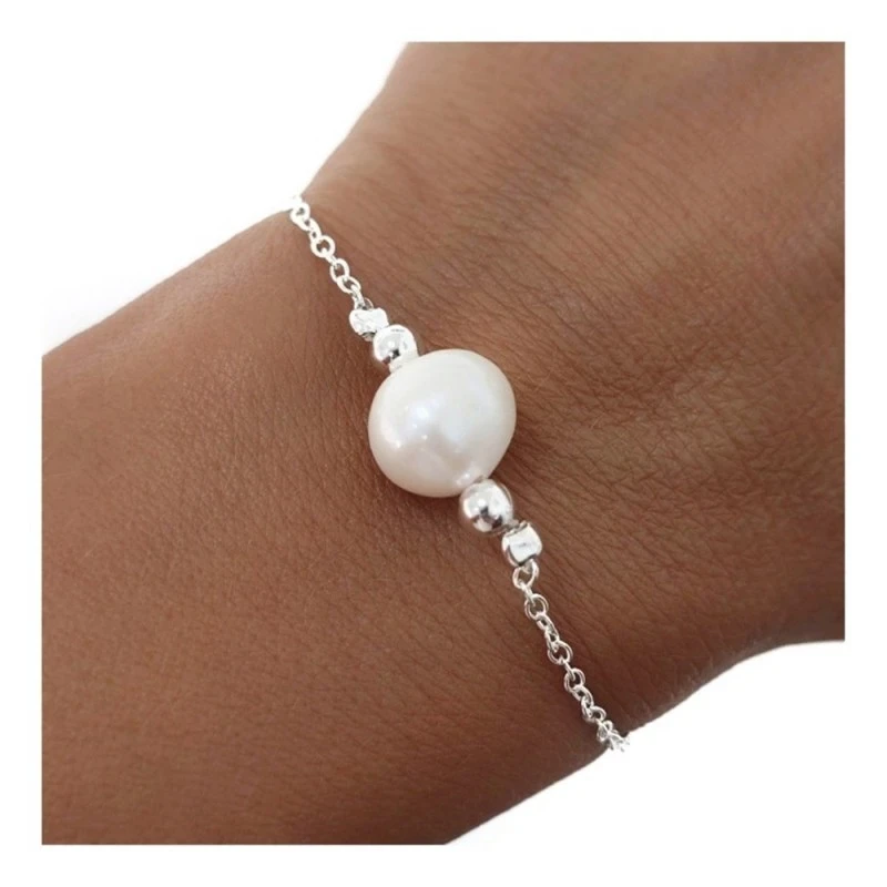Pulsera Plata Ley 925m mujer 18 cm. cadena forzada perla 10 mm. bolas