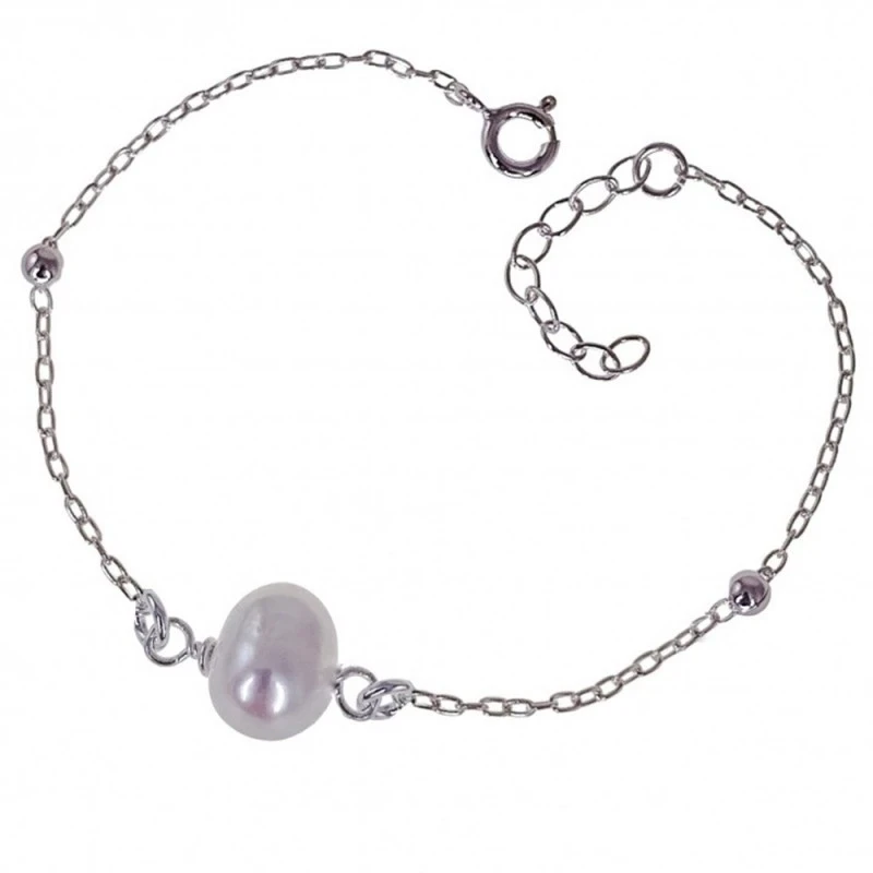 Pulsera Plata Ley 925m mujer 17 cm. forzada perla 8 mm. combinada bol