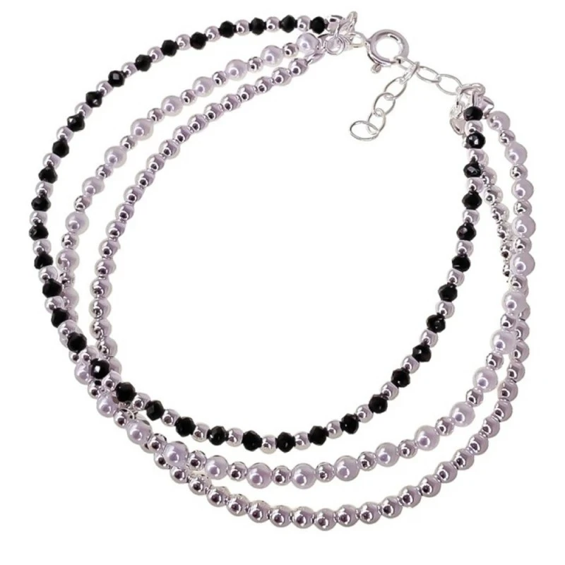 Pulsera Plata Ley 925m mujer 18 cm. triple cadena piedras negras perl