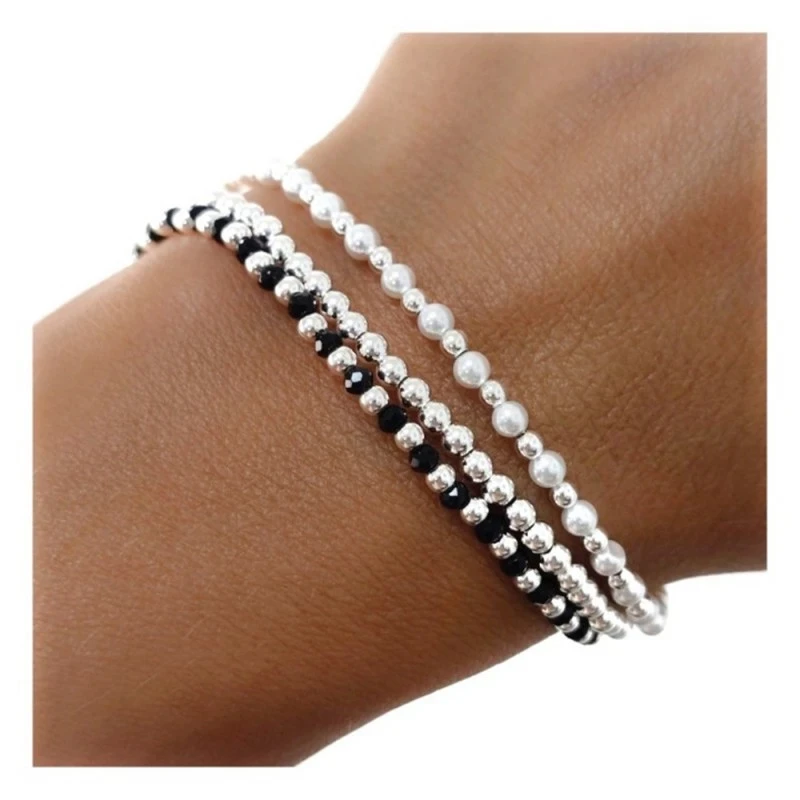 Pulsera Plata Ley 925m mujer 18 cm. triple cadena piedras negras perl