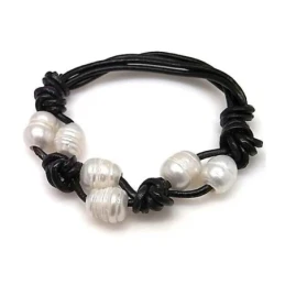 Pulsera cordón cuero negro 6 perlas combinadas nudos
