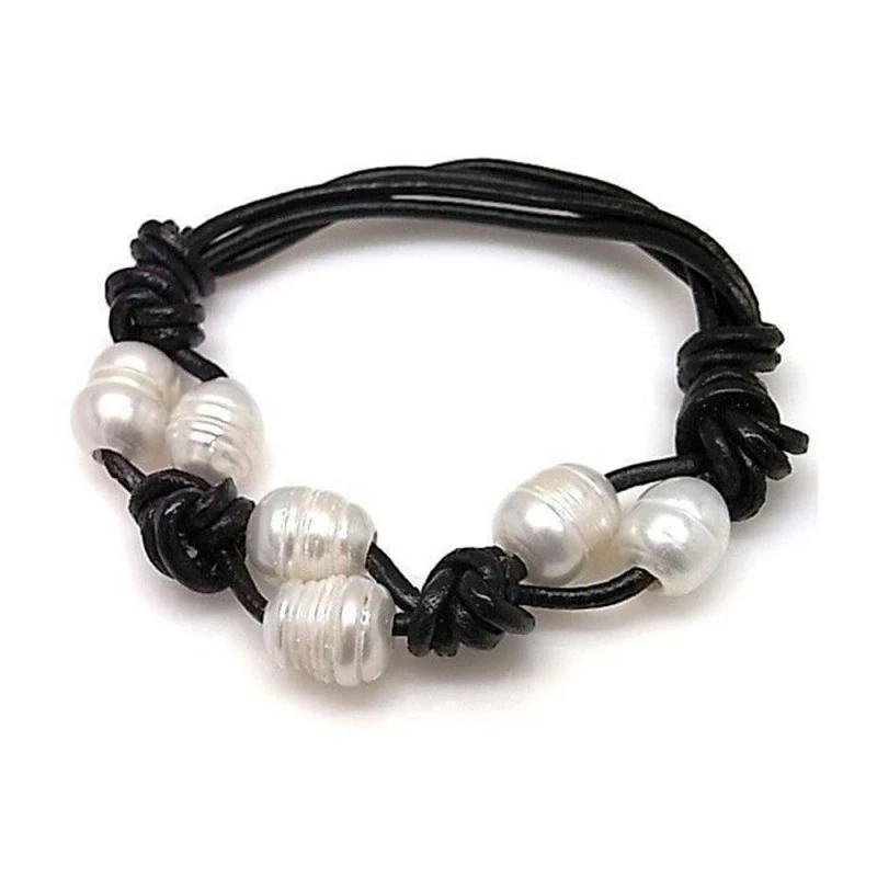 Pulsera cordón cuero negro 6 perlas combinadas nudos