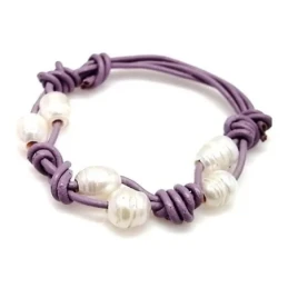 Pulsera cordón cuero negro 6 perlas combinadas nudos