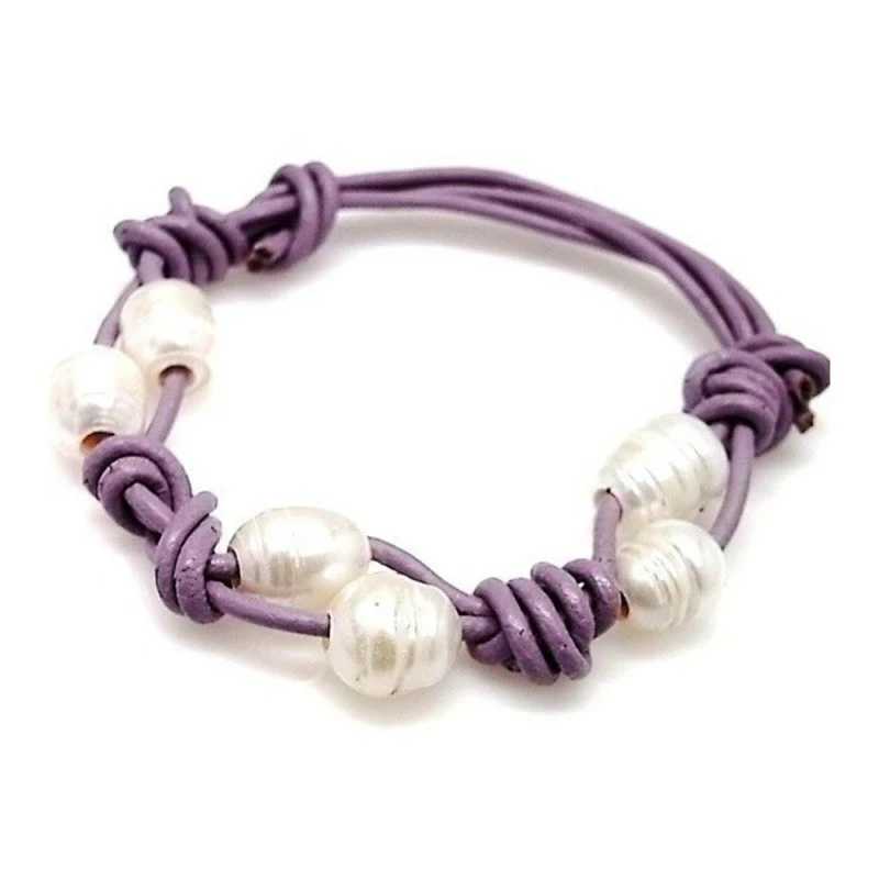 Pulsera cordón cuero negro 6 perlas combinadas nudos