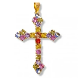 Cruz Colgante Plata Ley 925m chapada oro 45 mm. piedras colores combi