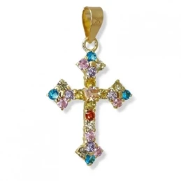 Cruz Colgante Plata Ley 925m chapada oro 25 mm. piedras colores combi
