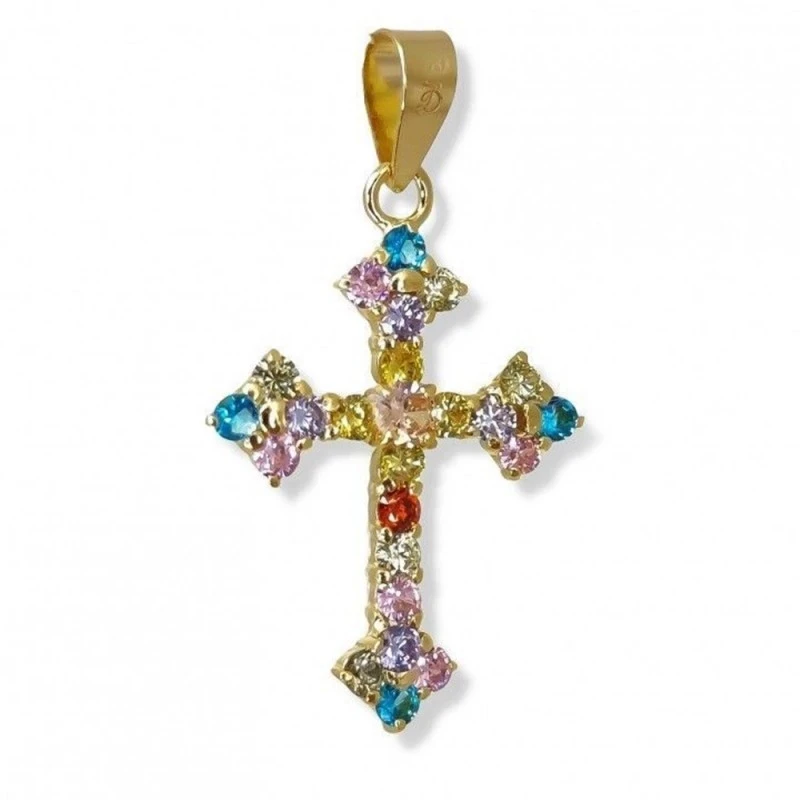 Cruz Colgante Plata Ley 925m chapada oro 25 mm. piedras colores combi