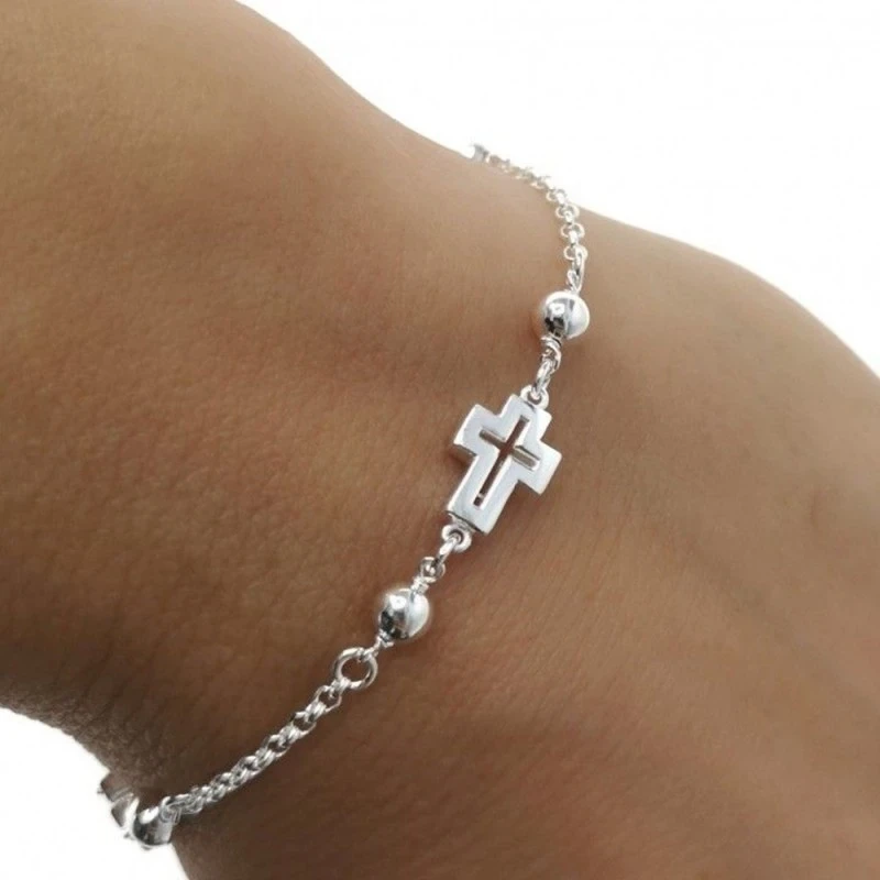 Pulsera Plata Ley 925m mujer 17 cm. cadena rolo detalle cruces 8 mm.