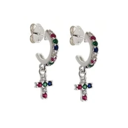 Aros Pendientes Plata Ley 925m mujer 10 mm. piedras color cruz colgan