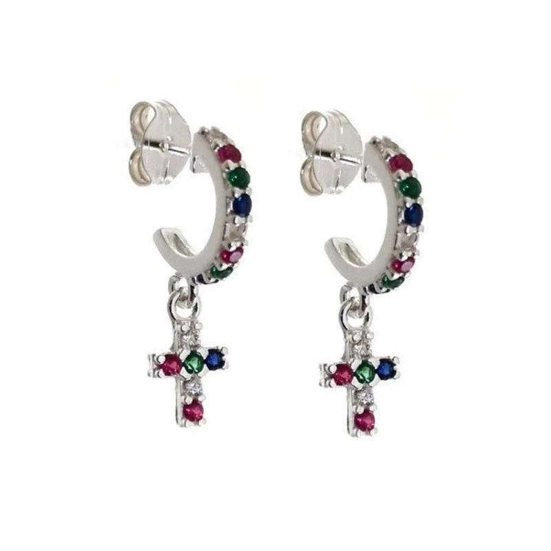 Aros Pendientes Plata Ley 925m mujer 10 mm. piedras color cruz colgan