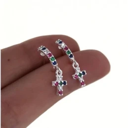 Aros Pendientes Plata Ley 925m mujer 10 mm. piedras color cruz colgan
