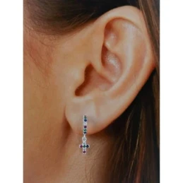 Aros Pendientes Plata Ley 925m mujer 10 mm. piedras color cruz colgan