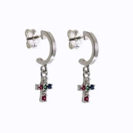 Aros Pendientes Plata Ley 925m mujer 10 mm. piedras colores cruz colg