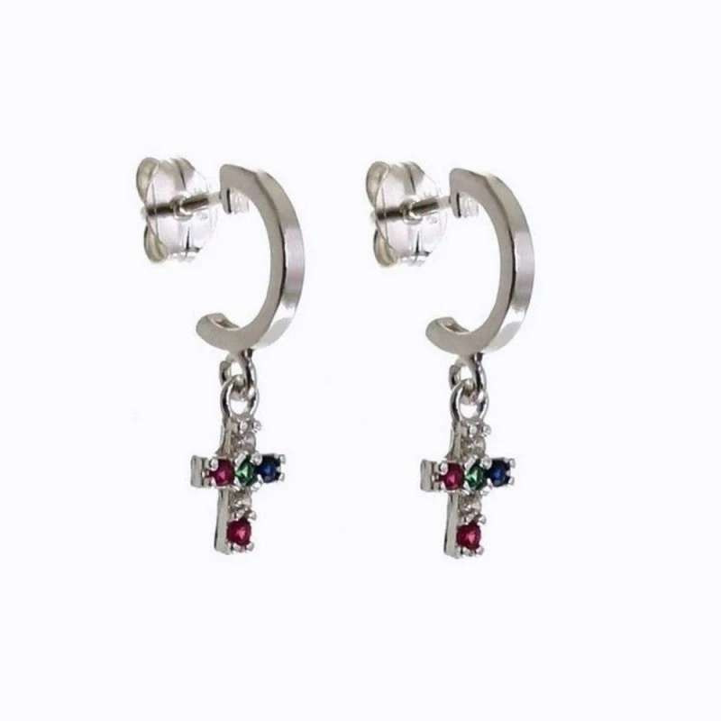 Aros Pendientes Plata Ley 925m mujer 10 mm. piedras colores cruz colg