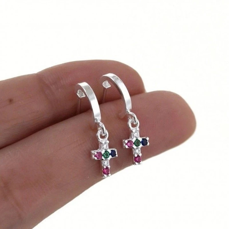 Aros Pendientes Plata Ley 925m mujer 10 mm. piedras colores cruz colg