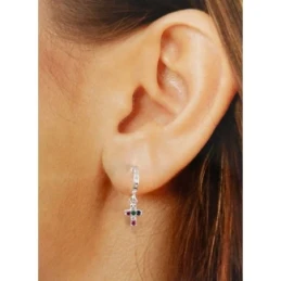 Aros Pendientes Plata Ley 925m mujer 10 mm. piedras colores cruz colg