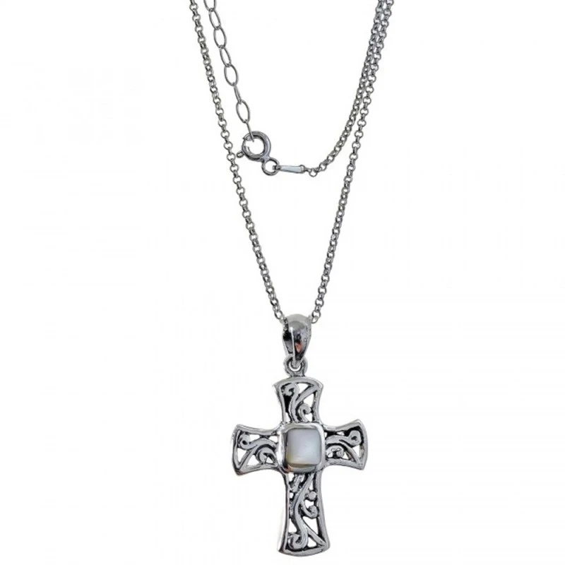 Collar Plata Ley 925m mujer 42 cm. cadena rolo colgante cruz nácar ce